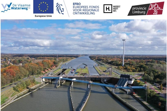 De nieuwe fietsbrug op fietssnelweg F72 maakt een diagonale oversteek over het Albertkanaal, ten westen van het Sas